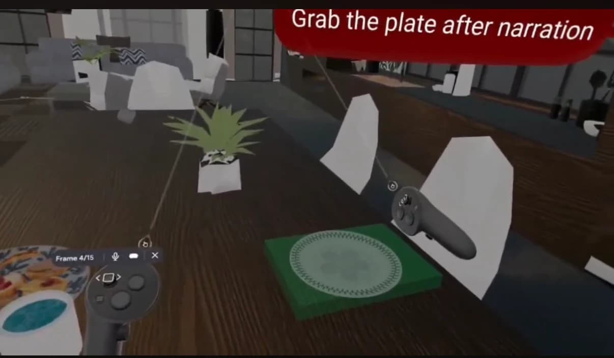 Seated VR dining scene with a plate and a prompt to grab it after narration