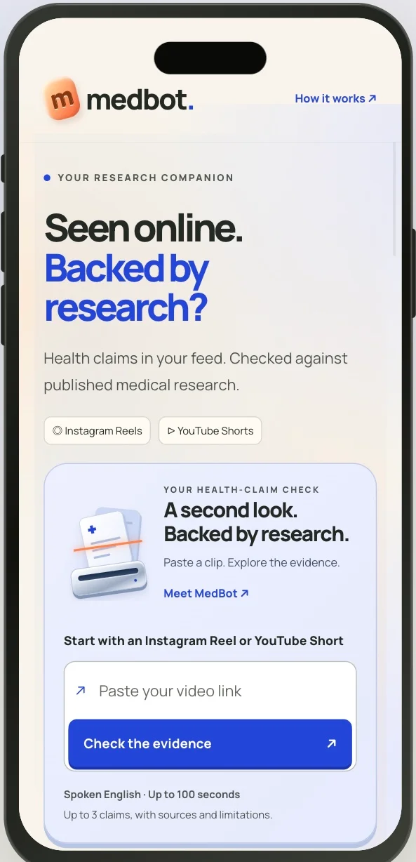 MedBot homepage with a short-video input, Check the evidence action and visible input limits